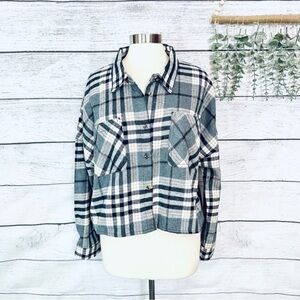 Mila & Tiff Flannel Plaid Button Down Crop Top Shirt Black Orange Cream Size XL
